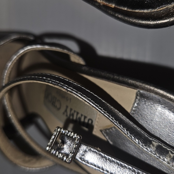 Jimmy Choo London Gray Silver Leather & Satin Crystal Evening Sandals Sz 37 - Picture 7 of 9